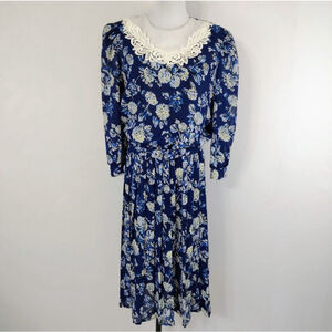Vintage 80s Lisa II Women's Blue Floral Blouson Midi Dress size 12 Cottagecore